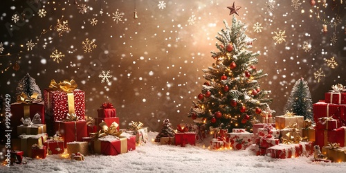 Christmas backdrop for photo studio, christmas tree, presents and toys