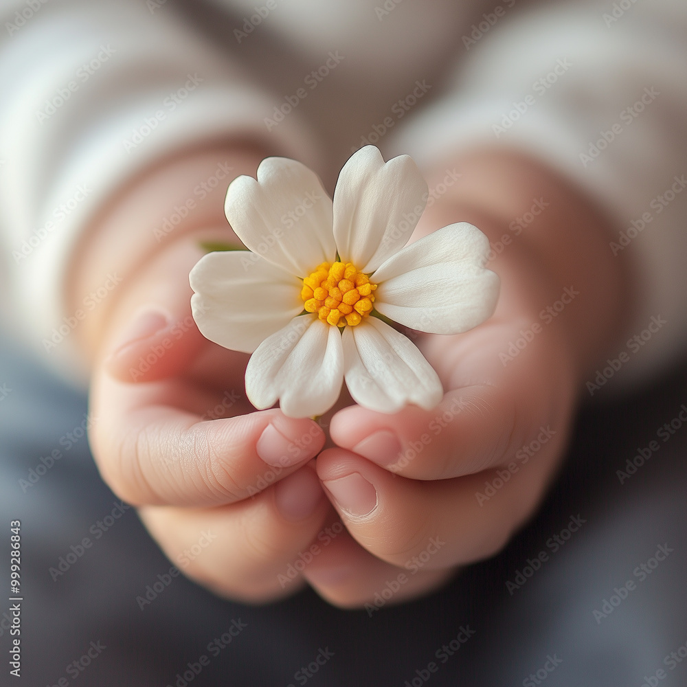 A child clutches a delicate daisy in their tiny hand, its white petals contrasting against their warm, sun-kissed skin. A child clutches a delicate daisy in their tiny hand, its white petals contrasting against their warm, sun-kissed skin.