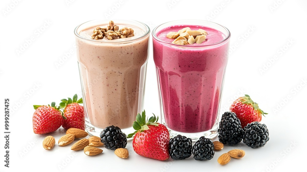 Delicious Strawberry and blackberry Smoothie with Nuts served in glass isolated on white background view of healthy and delicious drink Delicious Strawberry and blackberry Smoothie with Nuts served in glass isolated on white background view of healthy and delicious drink