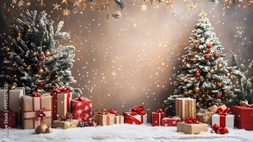 Christmas backdrop for photo studio, christmas tree, presents and toys