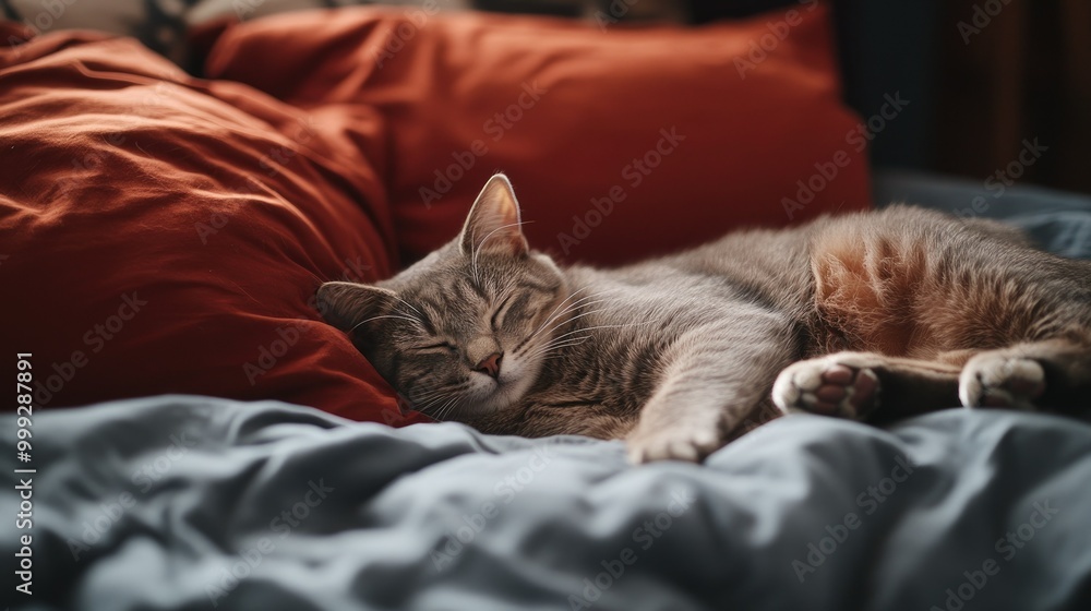 A sleepy cat resting on a bed, surrounded by plush pillows and blankets, in a serene setting A sleepy cat resting on a bed, surrounded by plush pillows and blankets, in a serene setting