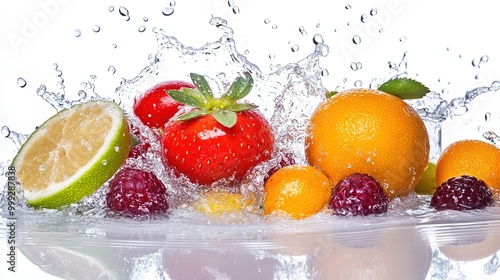 Fresh Fruit with rotating Water Splashes Isolated on White Background.