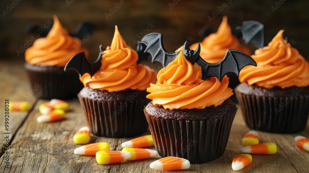 A spooky yet fun display of cupcakes decorated with bats and orange frosting, surrounded by candy corn on a wooden surface - A spooky yet fun display of cupcakes decorated with bats and orange frosting, surrounded by candy corn on a wooden surface -