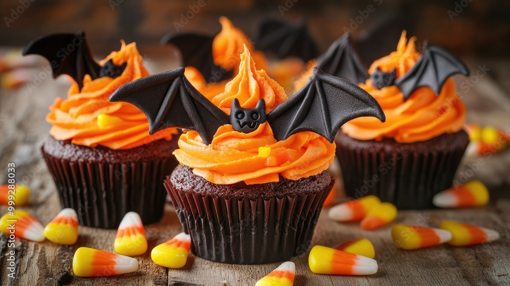 A spooky yet fun display of cupcakes decorated with bats and orange frosting, surrounded by candy corn on a wooden surface - A spooky yet fun display of cupcakes decorated with bats and orange frosting, surrounded by candy corn on a wooden surface -