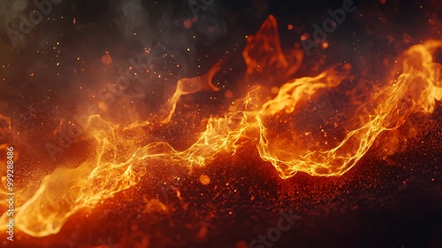 Fiery orange flames with smoke and embers against a black background.