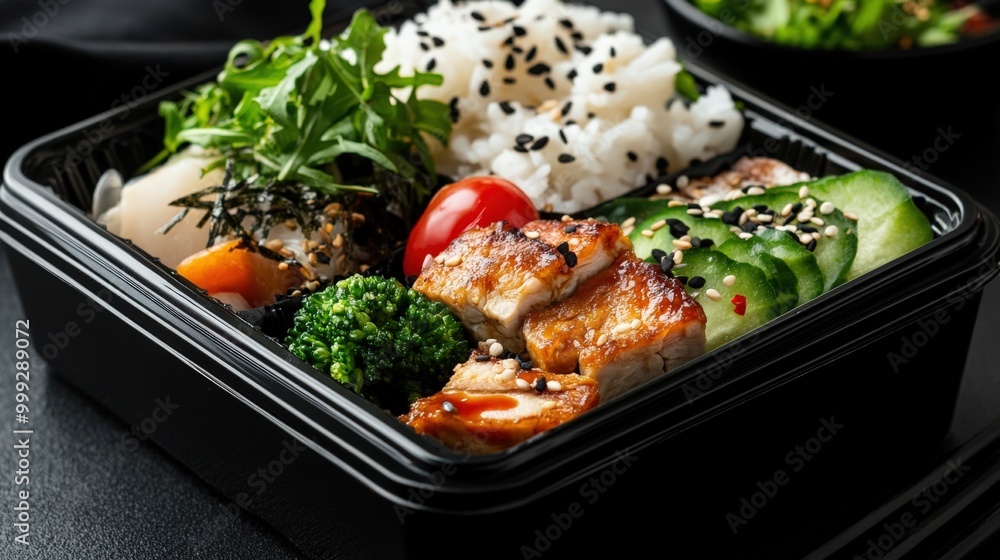 新鮮な野菜と焼き鳥が入った絶品の日本風弁当 新鮮な野菜と焼き鳥が入った絶品の日本風弁当