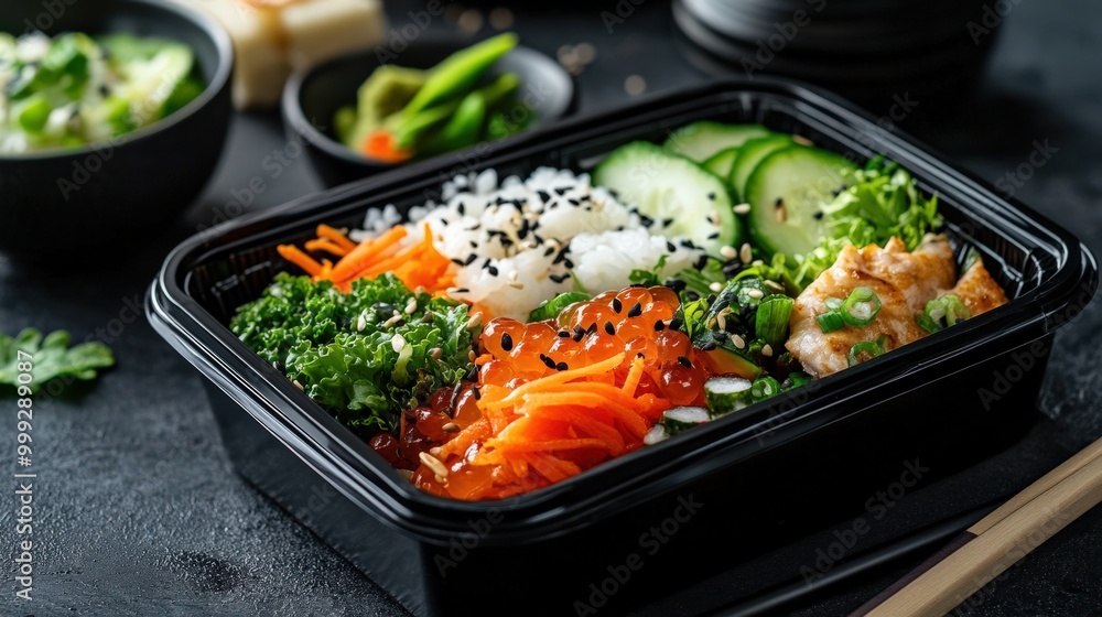 新鮮な野菜とご飯が入った、春のおいしい食事にぴったりの絶品日本風弁当 新鮮な野菜とご飯が入った、春のおいしい食事にぴったりの絶品日本風弁当