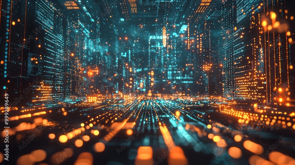 Obraz premium Quantum Dreamscape: Futuristic rendering of a surreal landscape featuring a quantum computer with luminous circuits and data points, symbolizing the convergence of technology and quantum theory.