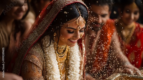 A beautiful bride in traditional Indian attire smiles as she is showered with blessings during a wedding ceremony. photo