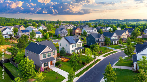 Wallpaper Mural Aerial view of a suburban neighborhood with houses, green lawns, and scenic skies at sunset. Ideal for themes of community, residential living, and nature. Torontodigital.ca