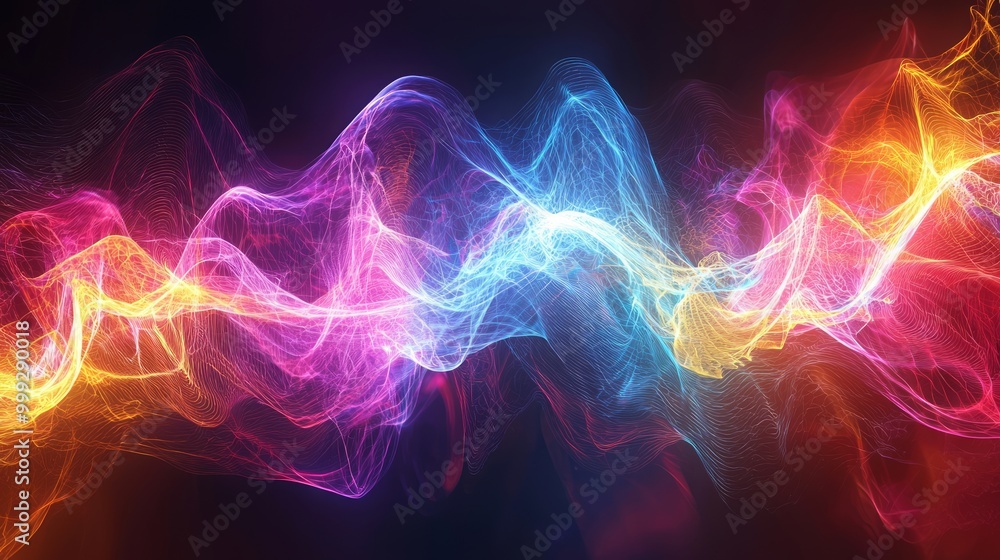 Fototapeta premium Quantum Resonance Visualization: Vibrant Energy Waves Interconnecting Particles in Colorful Medium