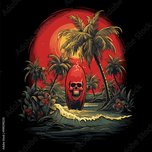 a skull with a surfboard in the water and a palm tree in the background 