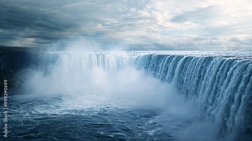 A stunning view of a majestic waterfall cascading into a misty pool, surrounded by dramatic cloud formations, creating a serene and powerful natural spectacle. A stunning view of a majestic waterfall cascading into a misty pool, surrounded by dramatic cloud formations, creating a serene and powerful natural spectacle.