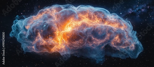 Abstract brain shaped cloud with glowing fiery core and stars in the dark background.