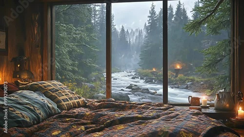 Cozy cabin bedroom with a view of a rushing river and a foggy forest.