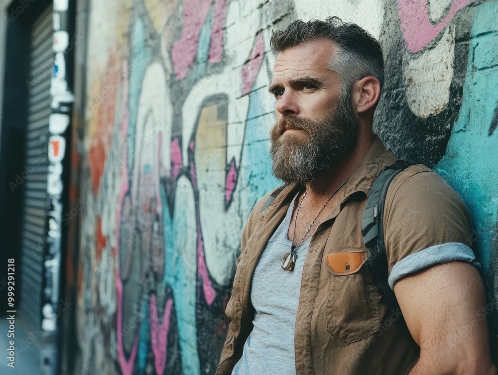 Obraz premium A rugged man with a beard poses against a colorful graffiti backdrop, exuding confidence and style in a casual outfit.