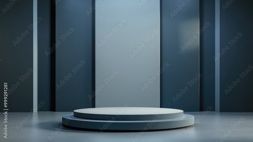 Fototapeta premium Two-Tiered Circular Platform in a Minimalist Room with Blue Walls