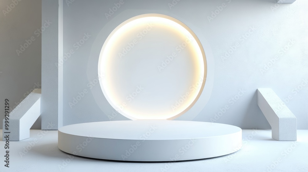Minimalist White Platform with Glowing Circular Frame Minimalist White Platform with Glowing Circular Frame