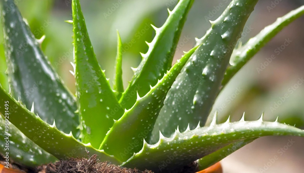 Isolated aloe vera leaf with depth of field highlighting spiky edges and soothing gel interior Isolated aloe vera leaf with depth of field highlighting spiky edges and soothing gel interior