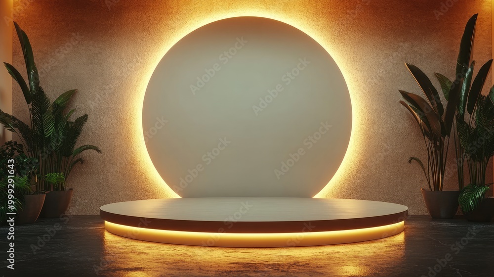 Illuminated Round Podium with Tropical Plants and a Circular Light Feature Illuminated Round Podium with Tropical Plants and a Circular Light Feature