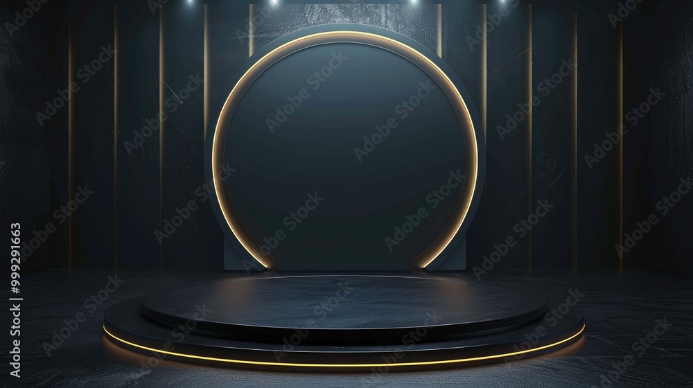 Black Circular Podium with Golden Accents and Lighting Black Circular Podium with Golden Accents and Lighting