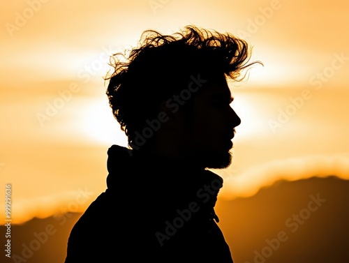 A silhouette of a man against a vibrant sunset, showcasing dramatic lighting and a natural setting that evokes a sense of calm and contemplation. photo