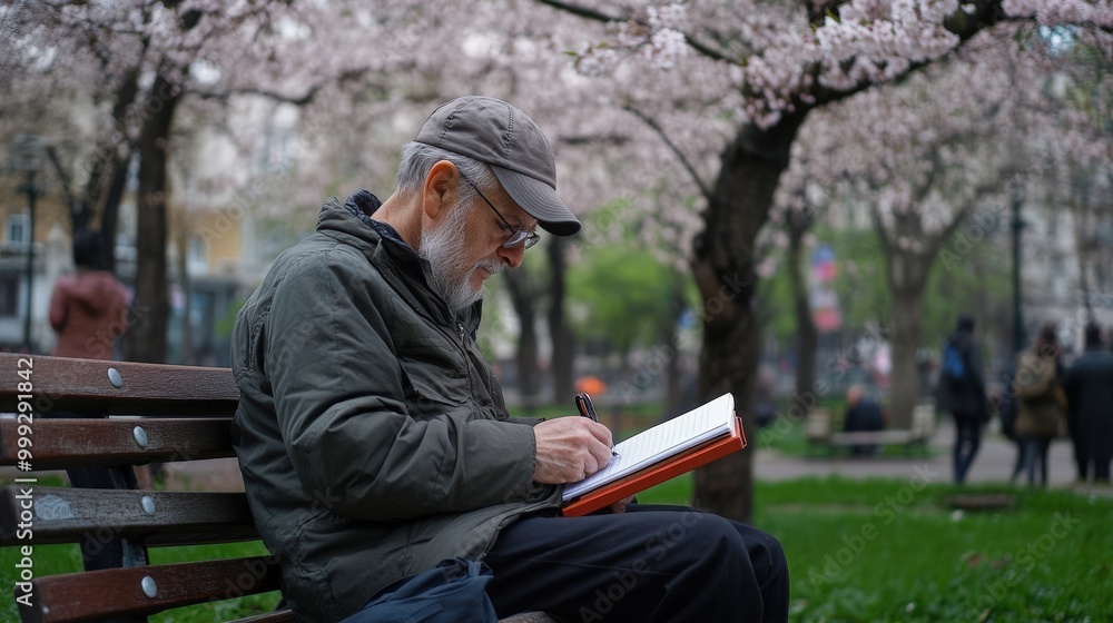 春の公園で桜を眺める日本の俳句詩人 春の公園で桜を眺める日本の俳句詩人
