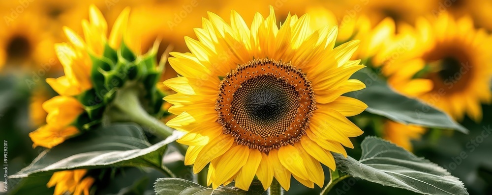 Dreamy sunflower field, soft rays of sun kissing the blooms Dreamy sunflower field, soft rays of sun kissing the blooms