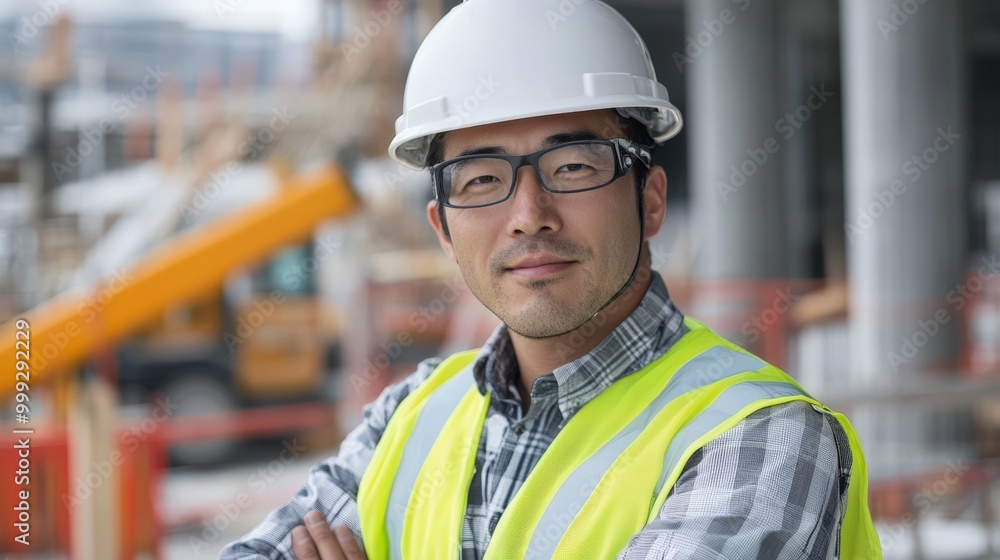 安全装備を着用した日本の建設作業員 - 都市開発とエンジニアリングのコンセプト 安全装備を着用した日本の建設作業員 - 都市開発とエンジニアリングのコンセプト