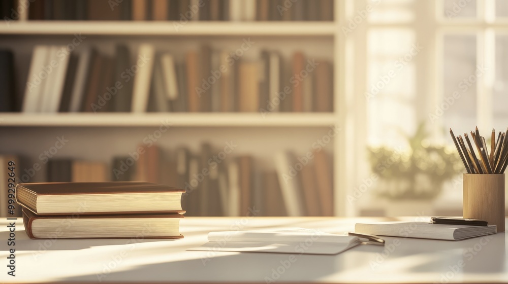 A white table with books and a plant on it, set against the blurred interior of a library. The warm, sunny day A white table with books and a plant on it, set against the blurred interior of a library. The warm, sunny day