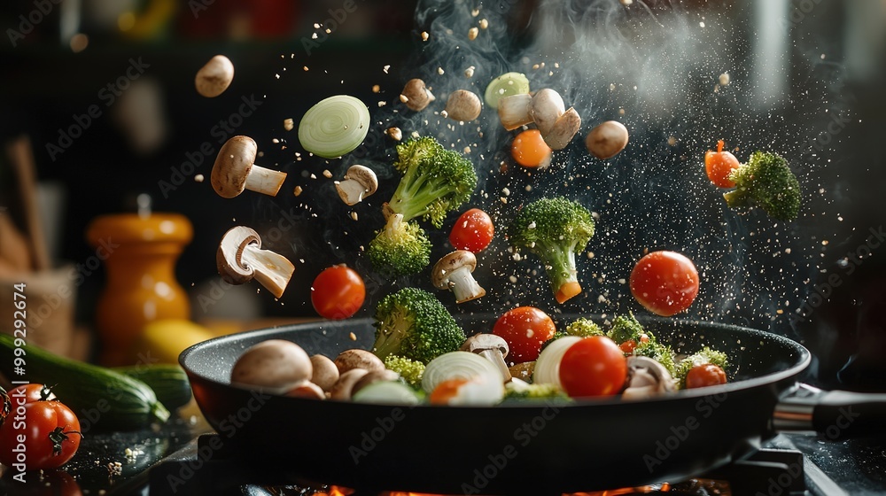 vegetables fly into the pan. Onions, broccoli, mushrooms, champignons, tomatoes, zucchini. Healthy vegetarian food. Cooking with fire vegetables fly into the pan. Onions, broccoli, mushrooms, champignons, tomatoes, zucchini. Healthy vegetarian food. Cooking with fire