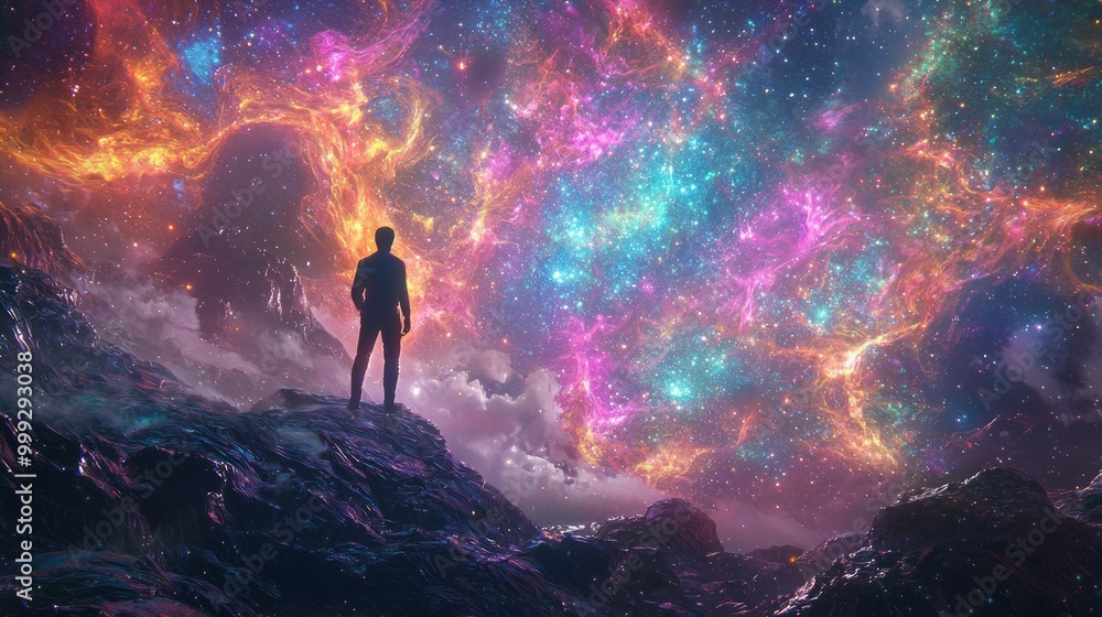 Obraz premium Quantum Quest: Scientists Journey Through Vibrant Energy Fields to Unravel New Realms of Exploration