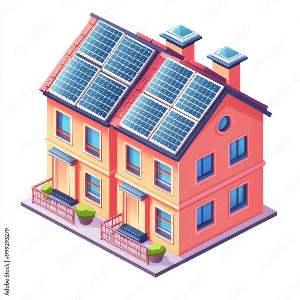 Modern duplex house with solar panels, isolated on white background. Modern duplex house with solar panels, isolated on white background.