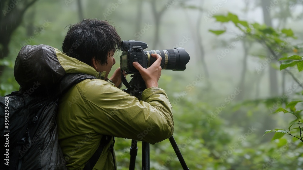 自然探検や旅行の出版物のために霧深い森の野生動物を撮影する日本人写真家 自然探検や旅行の出版物のために霧深い森の野生動物を撮影する日本人写真家