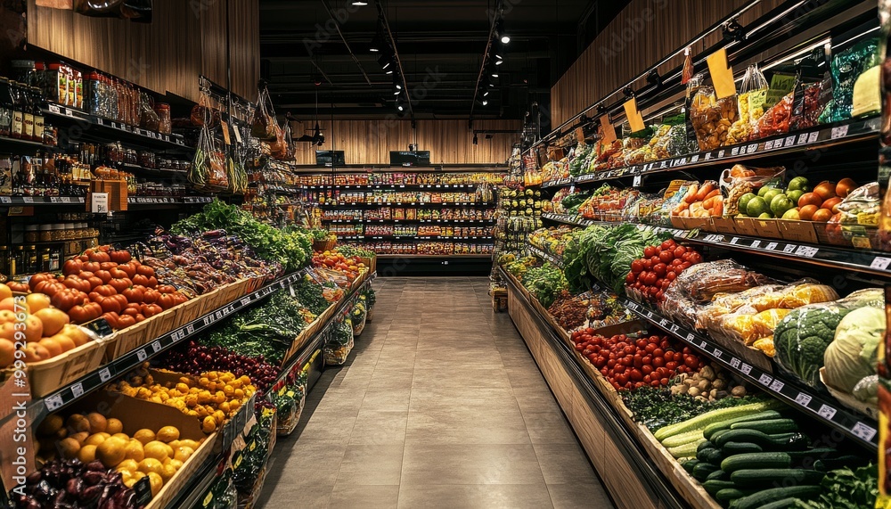 Fototapeta premium Grocery Store Produce. Fresh Produce Section. Farmers Market Stall. Colorful Fruits and Vegetables. Complete grocery store.