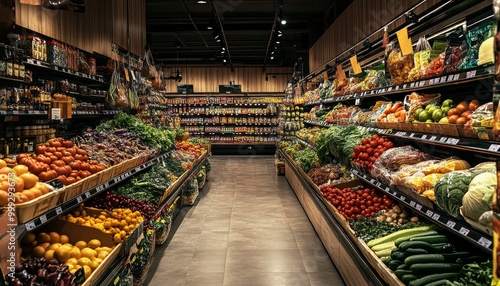 Grocery Store Produce. Fresh Produce Section. Farmers Market Stall. Colorful Fruits and Vegetables. Complete grocery store.