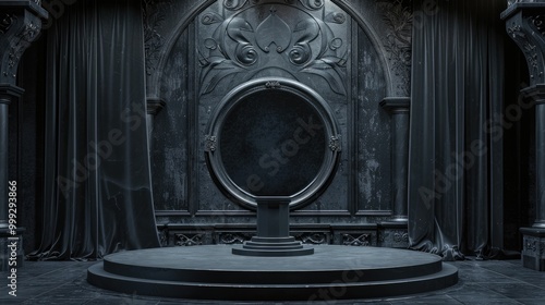 Dark, Ornate Room with a Circular Stage and Black Curtains