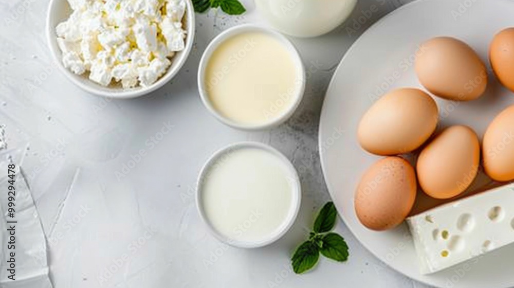 Nutritious dairy products like cheese eggs milk and yogurt with high calcium and vitamin D content arranged on a table with simple white background Nutritious dairy products like cheese eggs milk and yogurt with high calcium and vitamin D content arranged on a table with simple white background