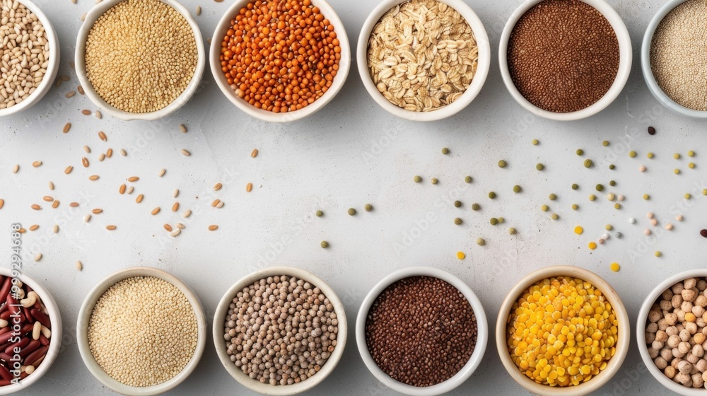 Assortment of Whole Grains Legumes and Seeds with Nutrient Labels Showcasing Fiber Protein and Other Health Benefits for Digestive Support Assortment of Whole Grains Legumes and Seeds with Nutrient Labels Showcasing Fiber Protein and Other Health Benefits for Digestive Support