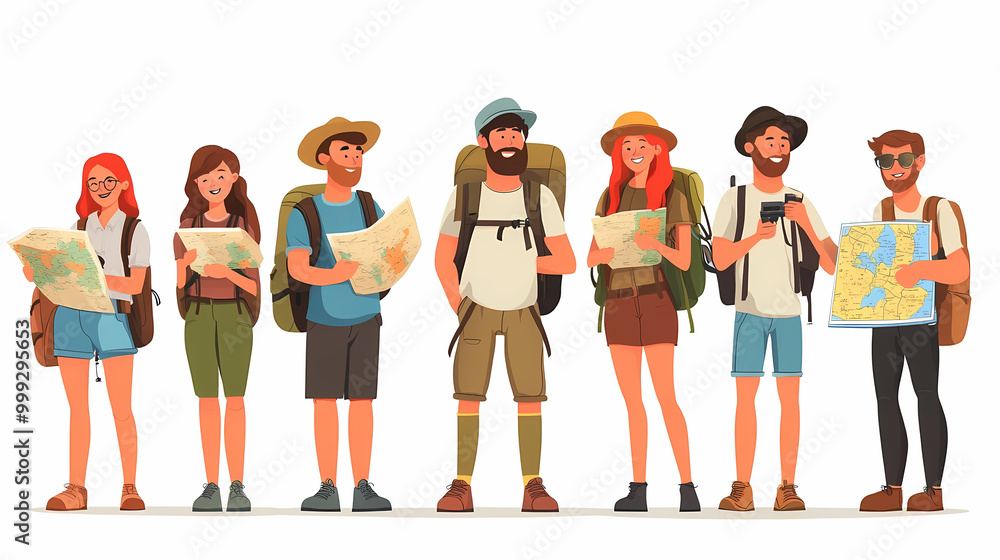 A group of tourists traveling with a backpack and map, on vacation. A collection of portraits of travelers. A group of tourists traveling with a backpack and map, on vacation. A collection of portraits of travelers.
