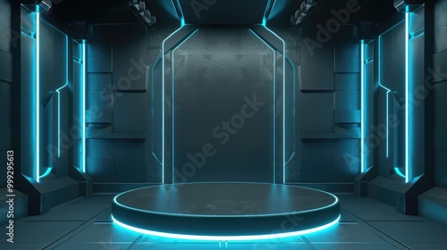 Futuristic Room with Neon Lights and a Circular Platform