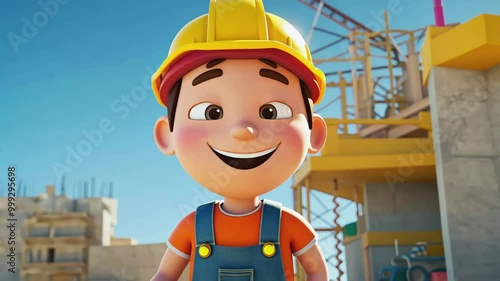 A cartoon construction worker in a yellow hardhat and overalls smiles confidently while holding a toolbox.