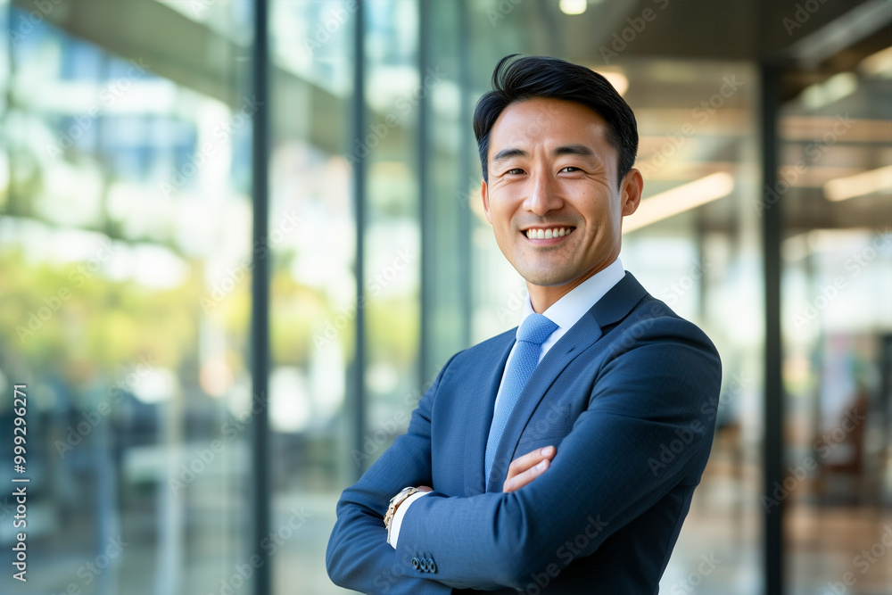 Japanese businessman smiling and standing with arms crossed, inside modern office. Japanese businessman smiling and standing with arms crossed, inside modern office.