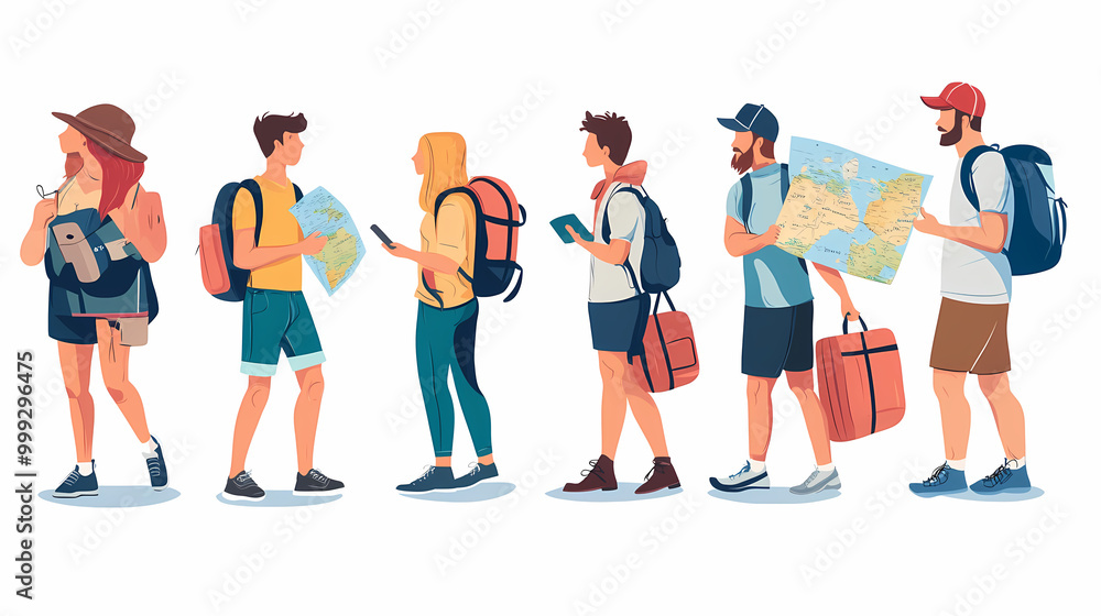 A group of tourists traveling with a backpack and map, on vacation. A collection of portraits of travelers. A group of tourists traveling with a backpack and map, on vacation. A collection of portraits of travelers.