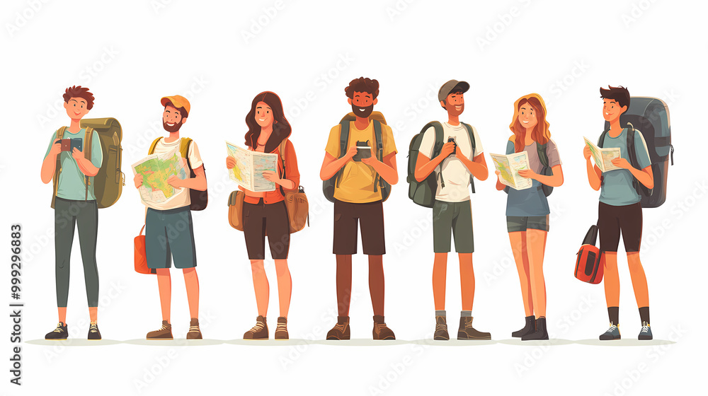 A group of tourists traveling with a backpack and map, on vacation. A collection of portraits of travelers. A group of tourists traveling with a backpack and map, on vacation. A collection of portraits of travelers.