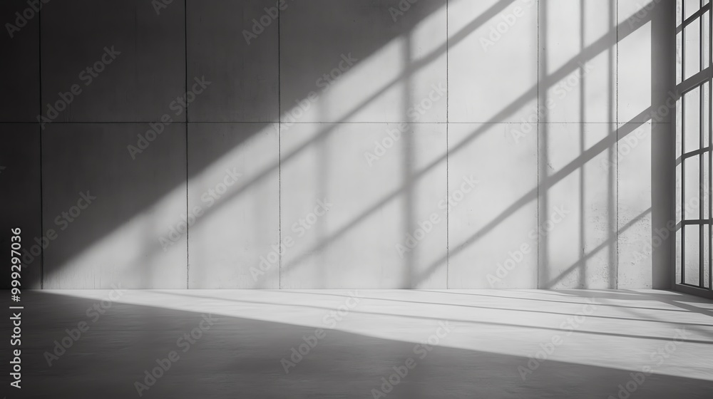 Fototapeta premium A minimalist interior featuring dramatic shadows and light from large windows, creating a serene and modern atmosphere.