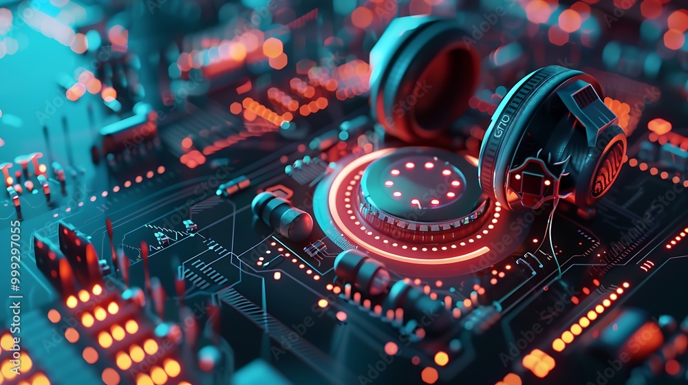 Close-up of a virtual assistant device glowing with AI interaction Close-up of a virtual assistant device glowing with AI interaction