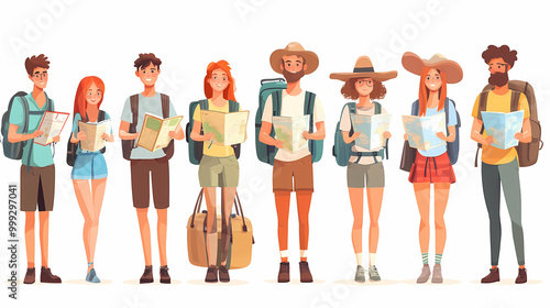 A group of tourists traveling with a backpack and map, on vacation. A collection of portraits of travelers.