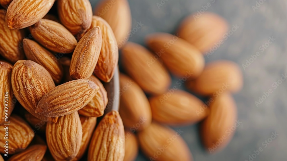 Fototapeta premium Closeup of a heap of fresh whole almonds with their characteristic golden brown skin and rich heart healthy fats and vitamin E The almonds are arranged on a rustic wooden surface