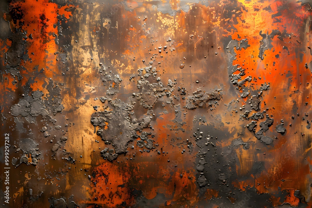 A textured surface with patches of rust-colored and dark gray paint. A textured surface with patches of rust-colored and dark gray paint.